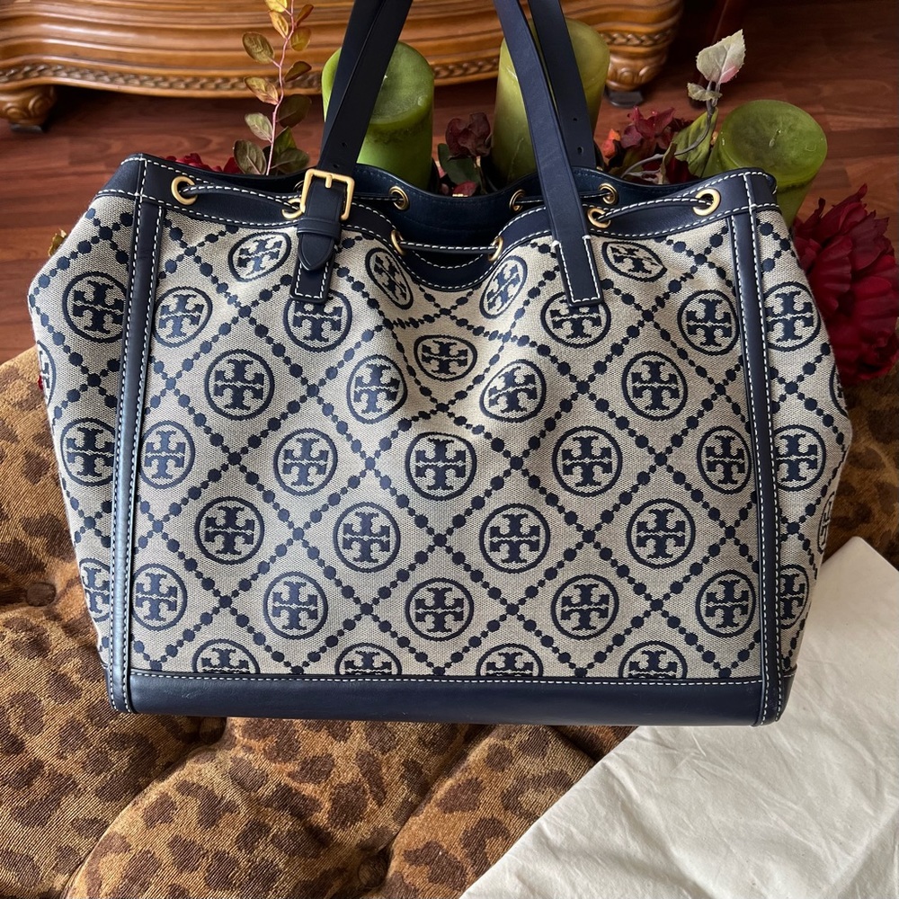 Tory Burch Navy Jacquard T Monogram Tote Bag